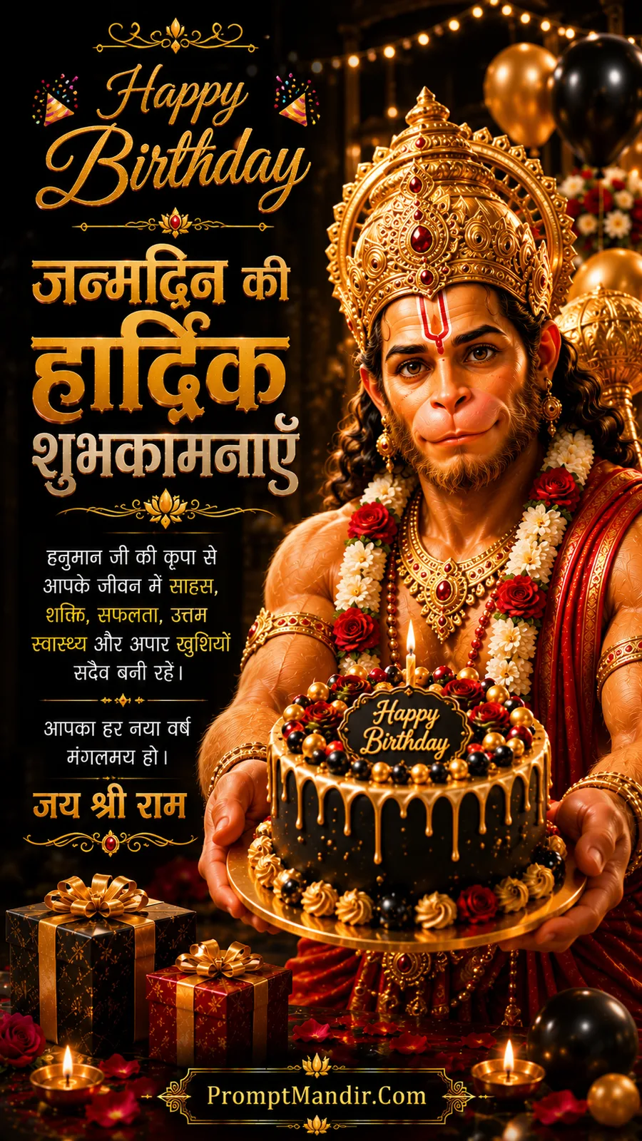 Lord Hanuman holding a birthday cake with golden decorations and festive celebration background