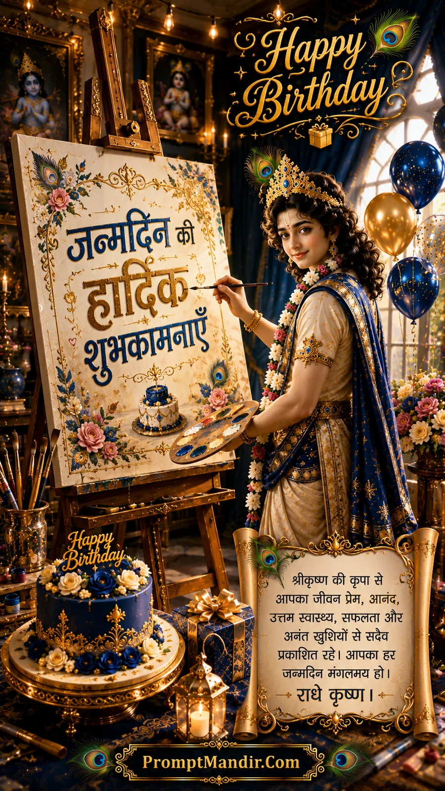 Lord Krishna creating birthday wishes artwork on decorative canvas with floral cake and festive balloons