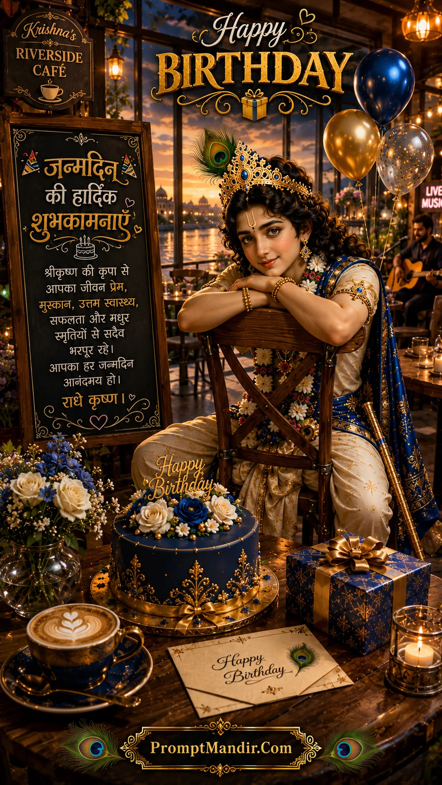 Lord Krishna relaxing at riverside café beside birthday cake balloons and elegant gift boxes