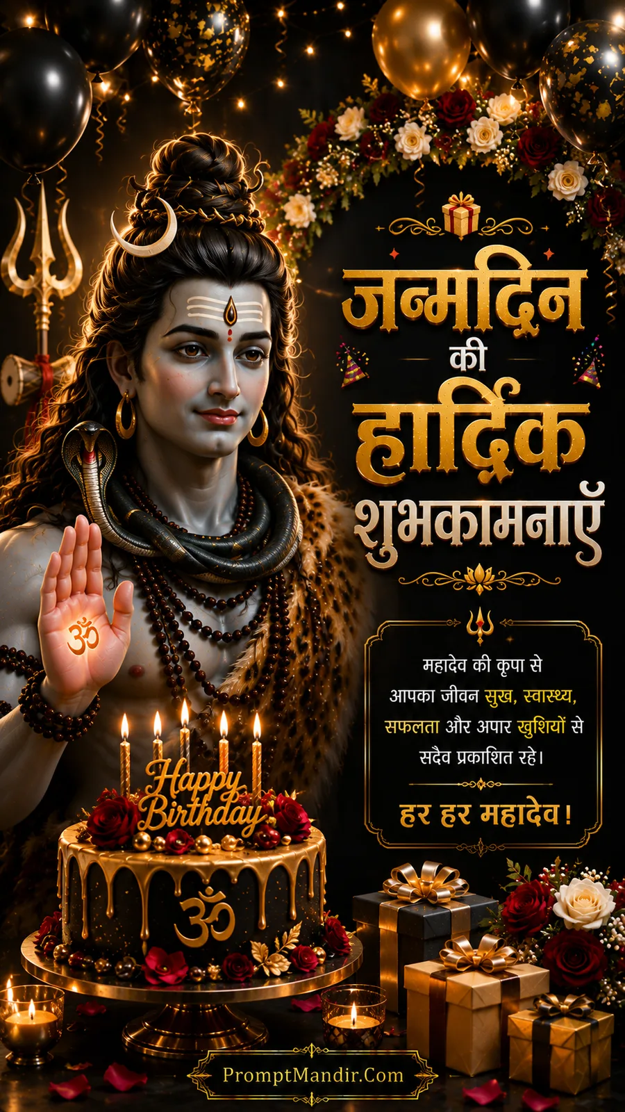 Lord Shiva giving blessings beside elegant black birthday cake with roses and festive balloons