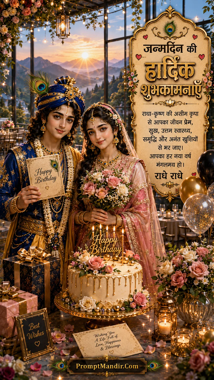 Radha Krishna holding birthday card beside floral cake with scenic mountain sunrise background