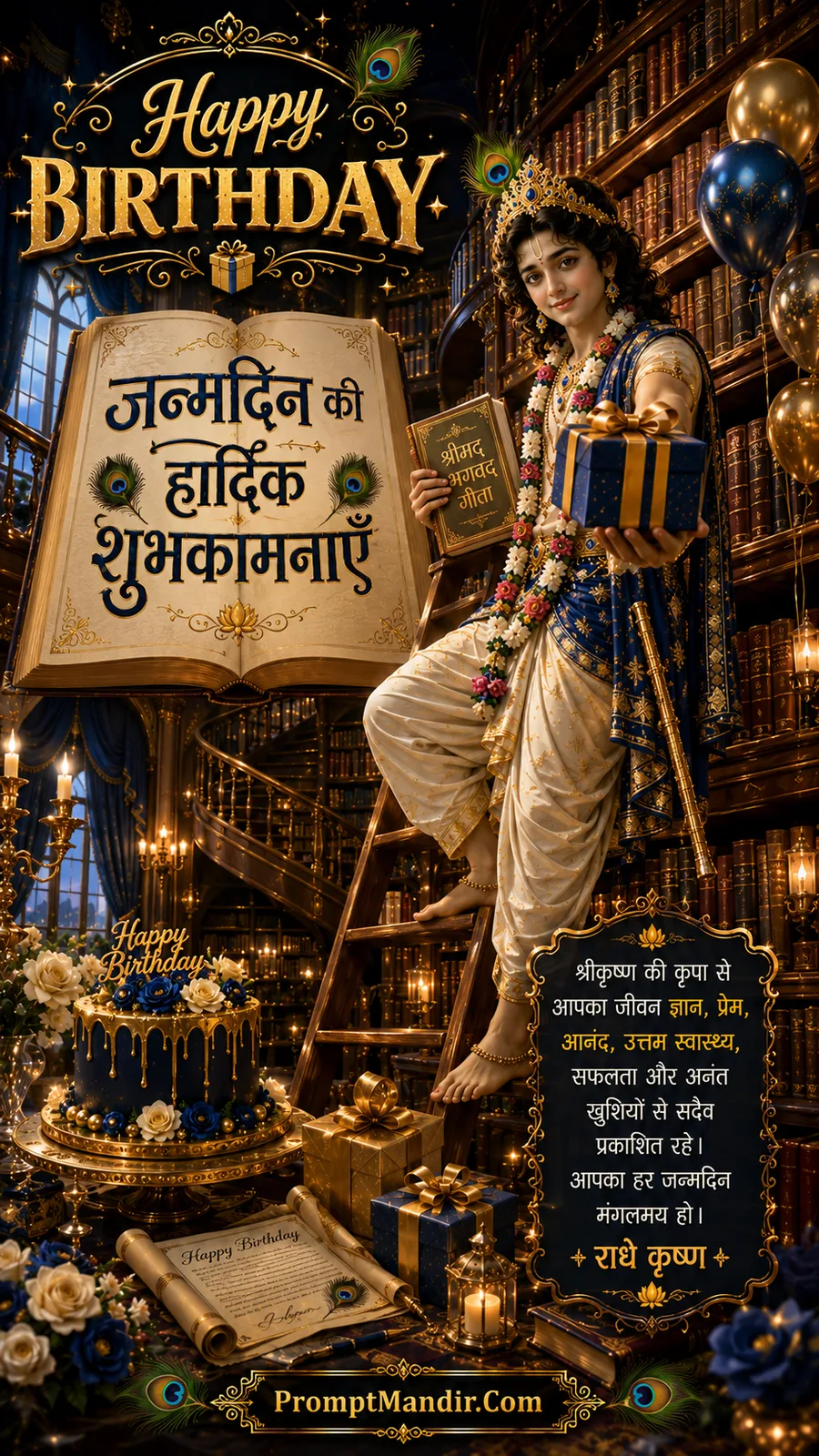 Lord Krishna offering birthday gift inside grand library with sacred book and celebration cake