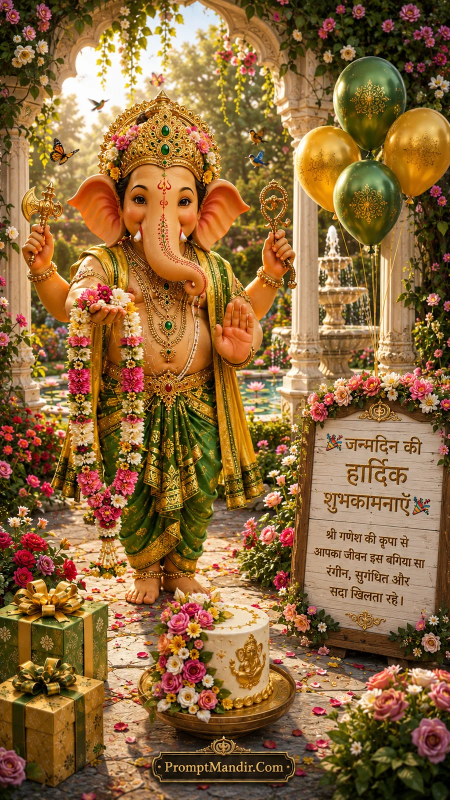 Graceful Lord Ganesha in blooming floral garden beside elegant birthday cake and balloons