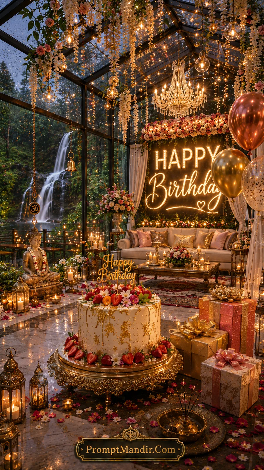 Elegant birthday celebration inside glass pavilion with waterfall view, flowers, candles, and luxury cake