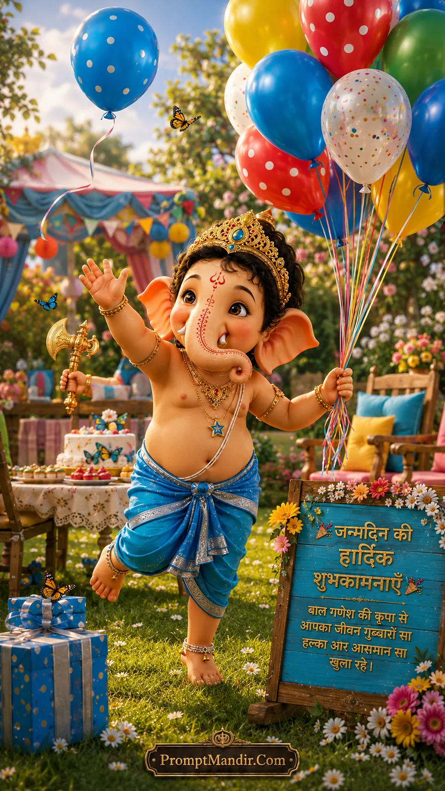 Happy Bal Ganesha holding colorful balloons during outdoor birthday party in sunny garden