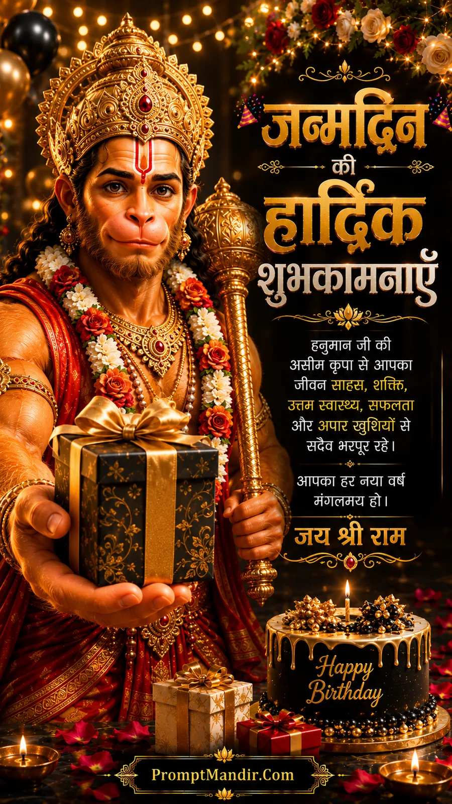 Lord Hanuman offering a wrapped birthday gift beside festive cake and glowing decorations