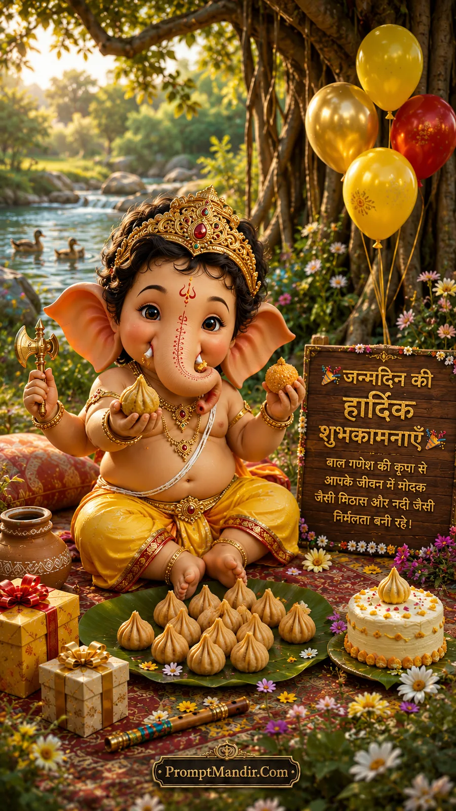 Cute Bal Ganesha enjoying modaks beside peaceful riverside picnic with birthday cake and balloons