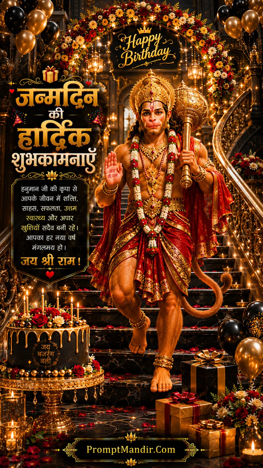 Full standing Lord Hanuman blessing devotees inside luxurious birthday celebration decorated hall