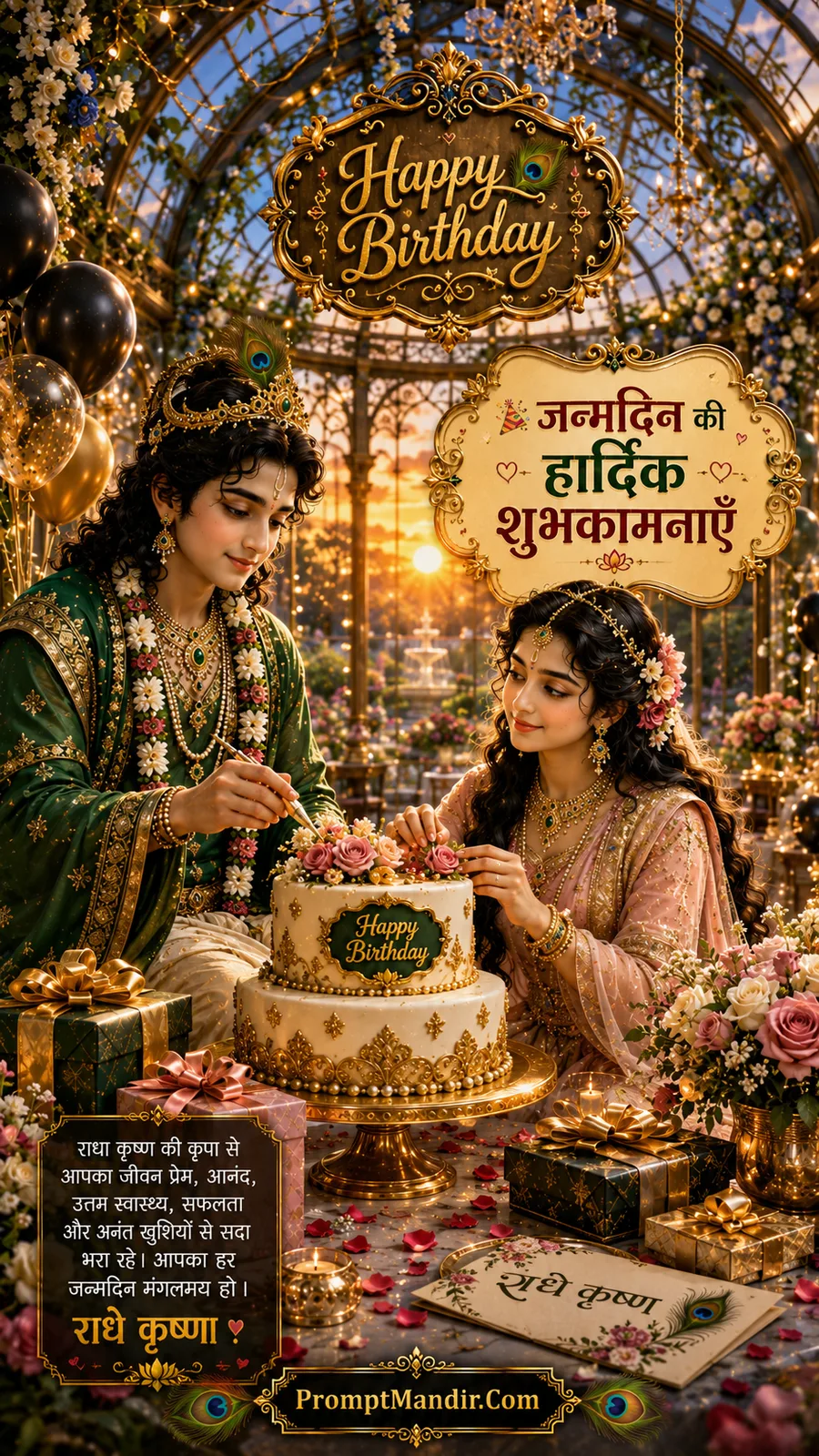 Radha Krishna decorating elegant birthday cake inside luxurious floral glass pavilion at sunset
