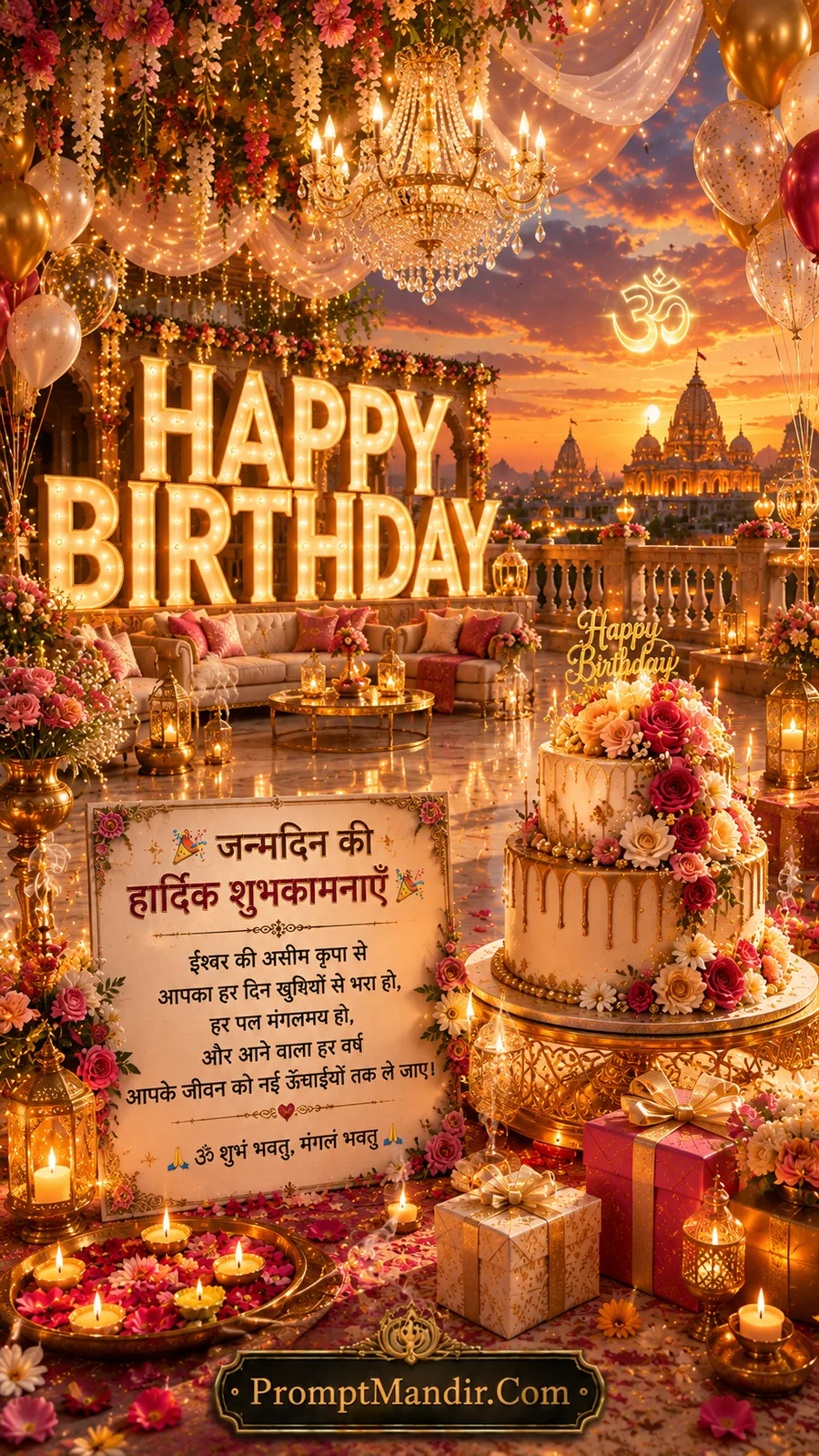 Grand terrace birthday celebration with floral cake, glowing temple skyline, lanterns, and festive decorations