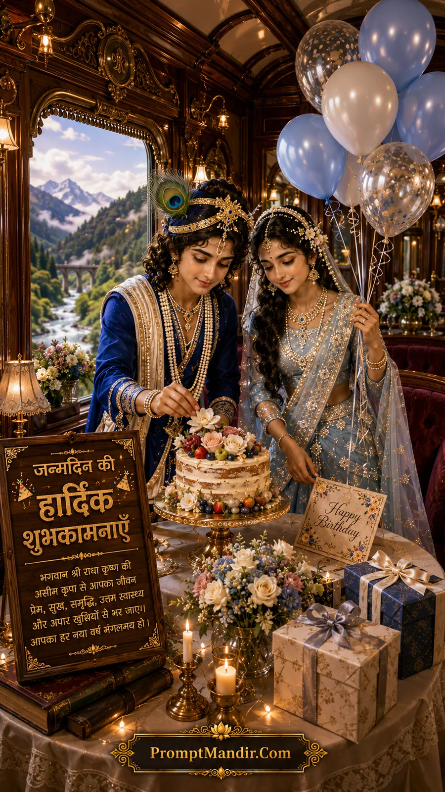 Radha Krishna celebrating birthday inside luxury train with balloons floral cake and mountain views