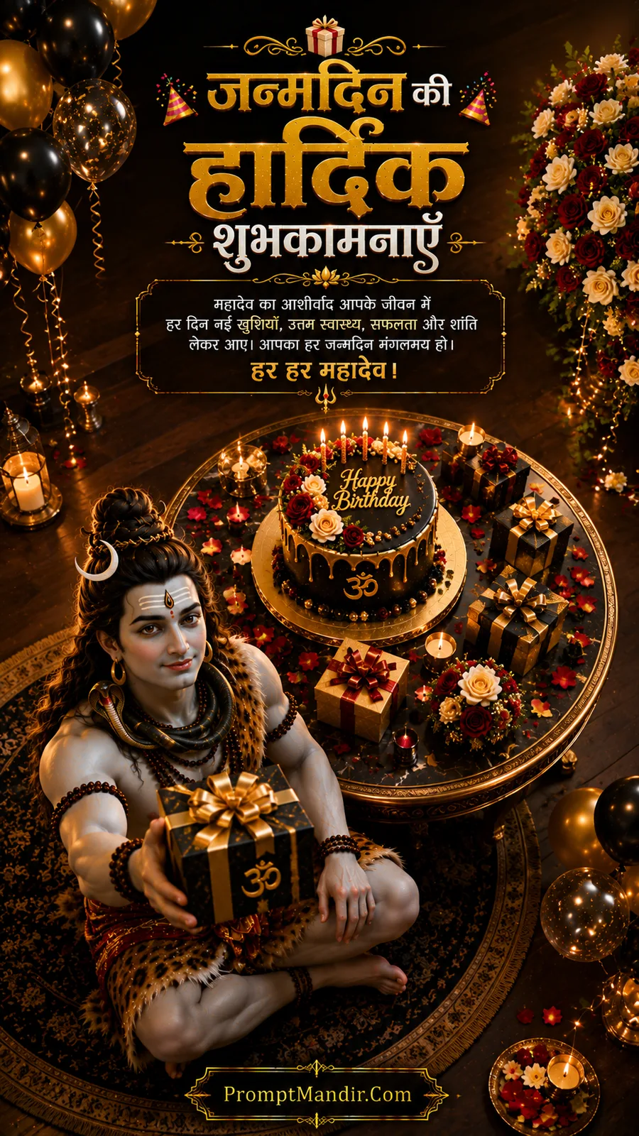 Lord Shiva offering birthday gift beside elegant celebration table with floral cake and candles