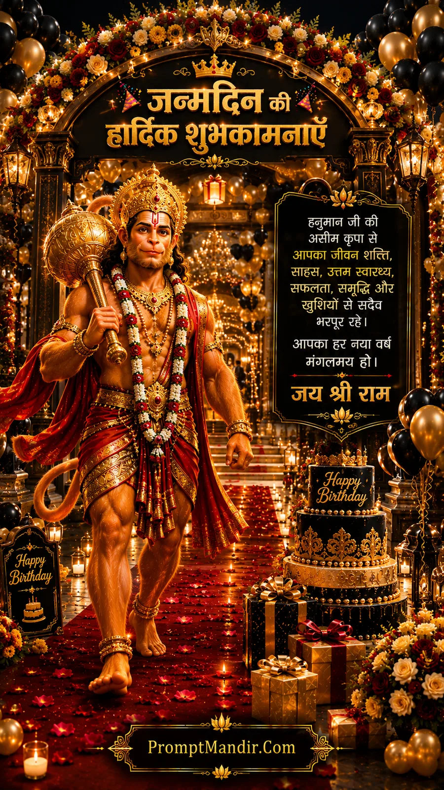 Lord Hanuman walking through decorated birthday entrance with cake gifts and glowing lights