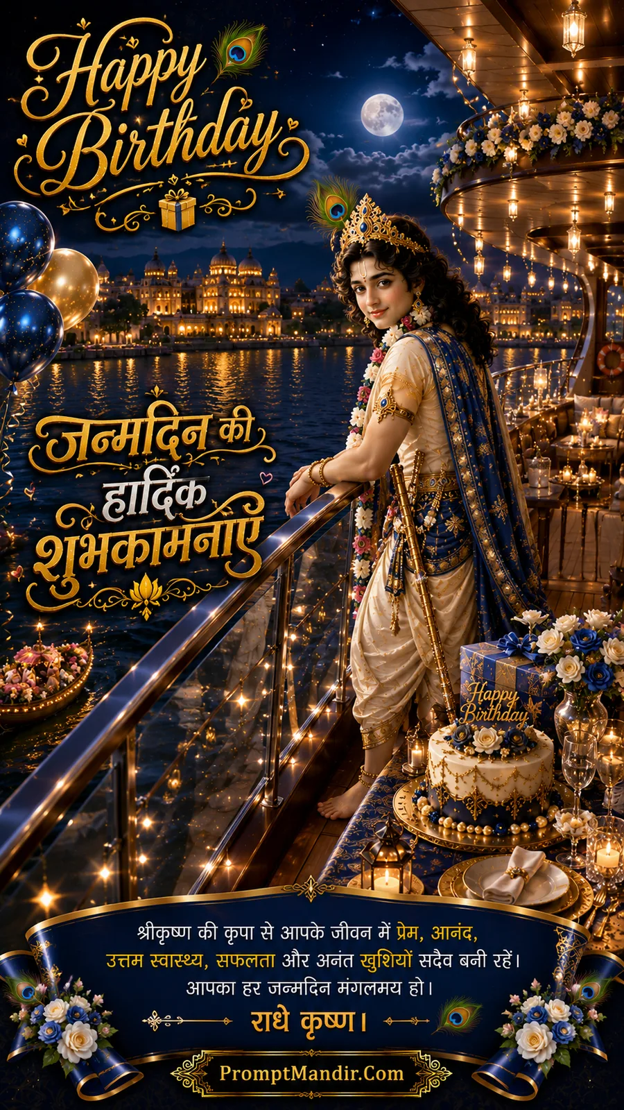 Lord Krishna on luxury cruise balcony beside birthday cake under moonlit riverside skyline