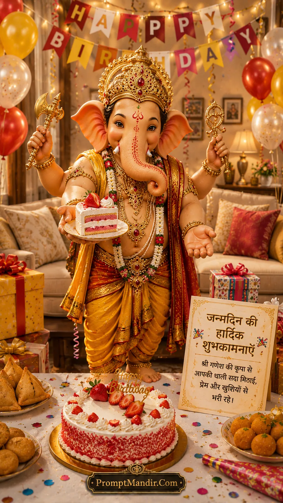 Lord Ganesha offering birthday cake inside beautifully decorated festive home with balloons and gifts