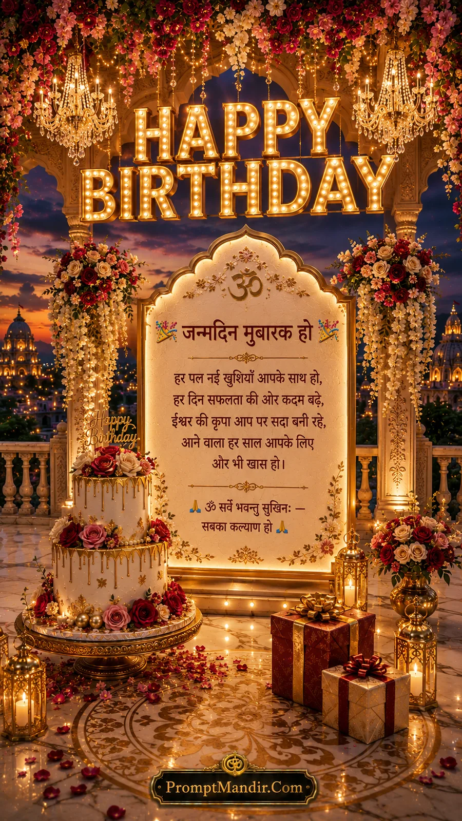 Luxury birthday cake beside illuminated blessing board under glowing floral pavilion at evening celebration