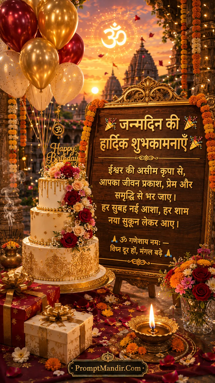 Elegant floral birthday cake with temple backdrop, balloons, diyas, and heartfelt Hindu birthday blessing board