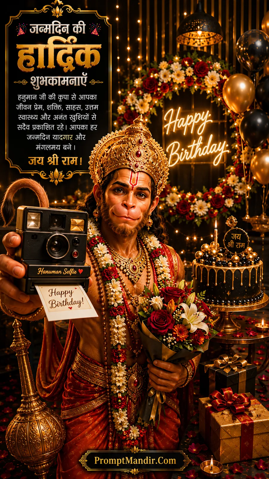 Lord Hanuman holding vintage camera bouquet and birthday celebration decorations with festive lights