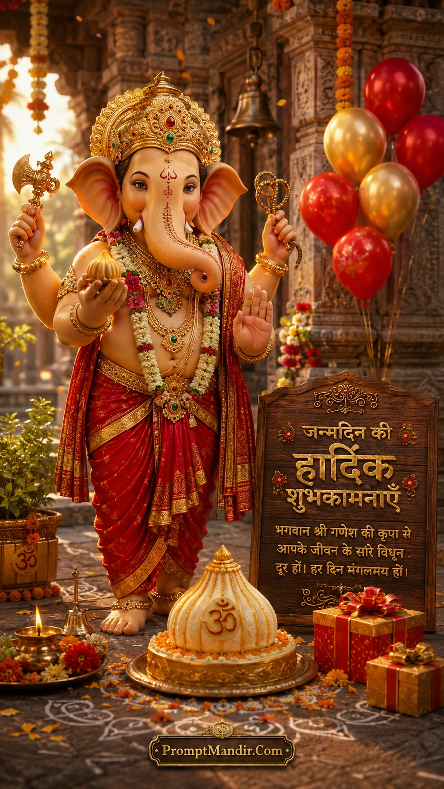 Divine Lord Ganesha beside giant modak cake at decorated temple birthday celebration