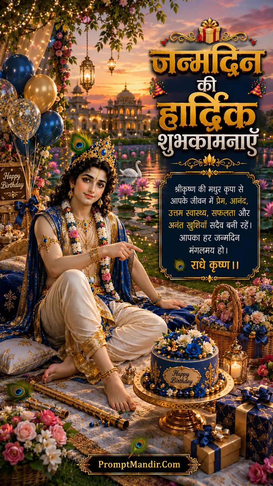 Lord Krishna seated in blooming garden beside birthday cake flowers and peaceful lotus lake