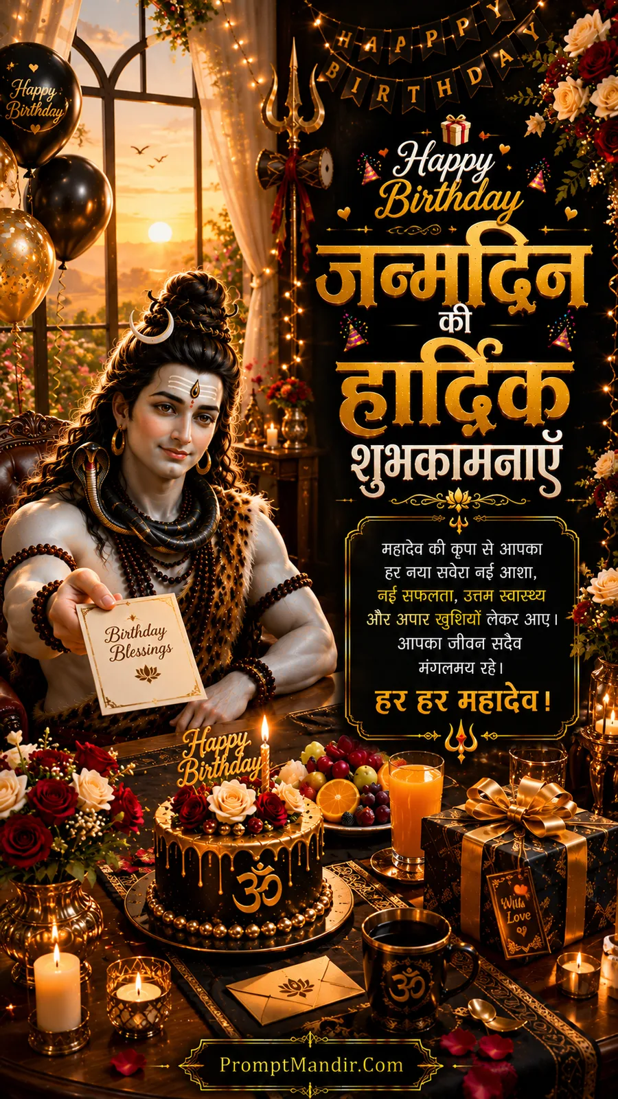 Lord Shiva holding birthday blessing card beside decorated cake and sunrise celebration table