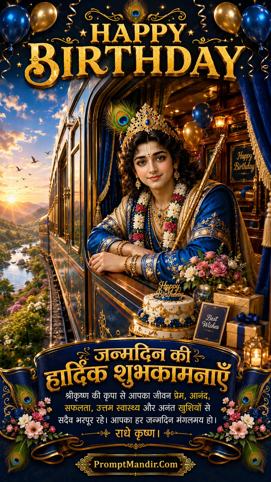 Lord Krishna leaning from luxury train beside birthday cake gifts and scenic sunrise landscape