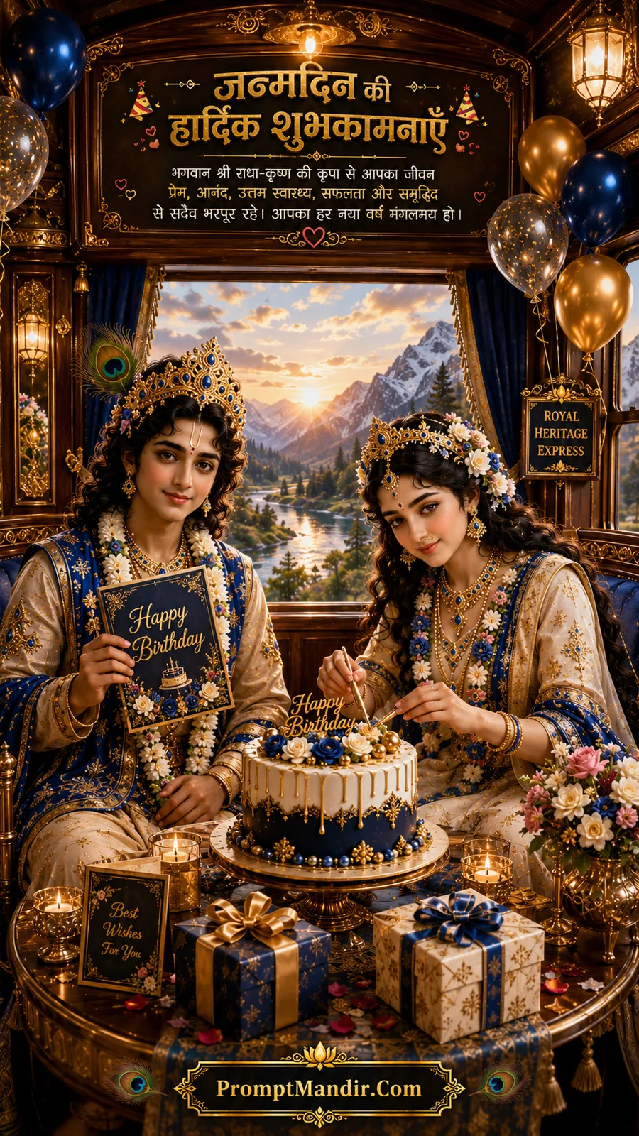 Radha Krishna birthday celebration inside royal heritage train with blue floral cake and gifts