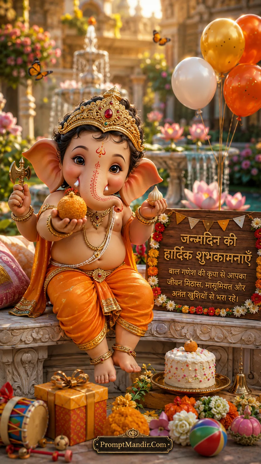 Cute Bal Ganesha holding laddoo beside elegant birthday cake in palace garden courtyard