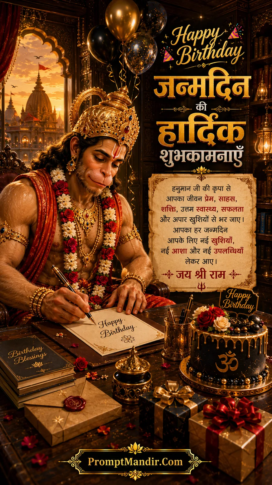 Lord Hanuman writing birthday wishes inside elegant study with cake and gift boxes