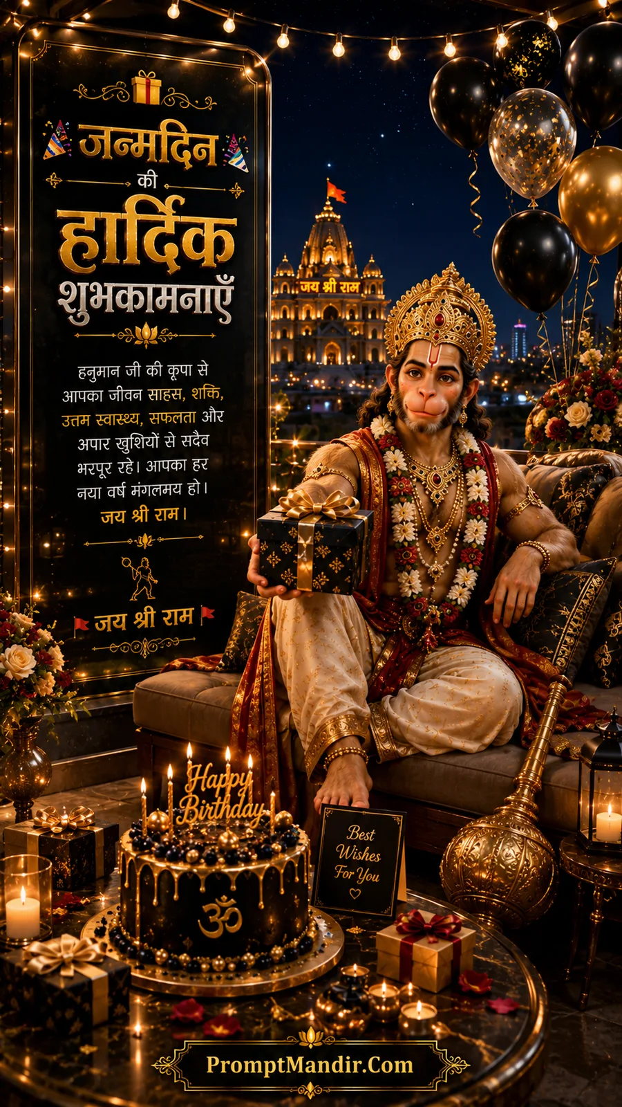 Lord Hanuman relaxing with birthday gift overlooking illuminated temple city at peaceful night