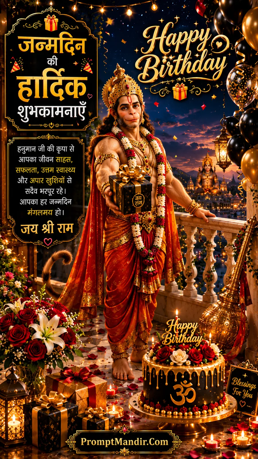 Lord Hanuman presenting birthday gift on decorated balcony with cake and festive lights