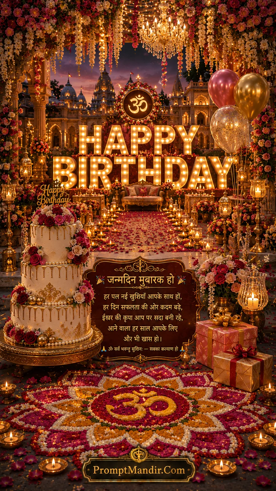 Grand floral birthday venue with luxury cake, illuminated Happy Birthday sign, rangoli, and temple lights