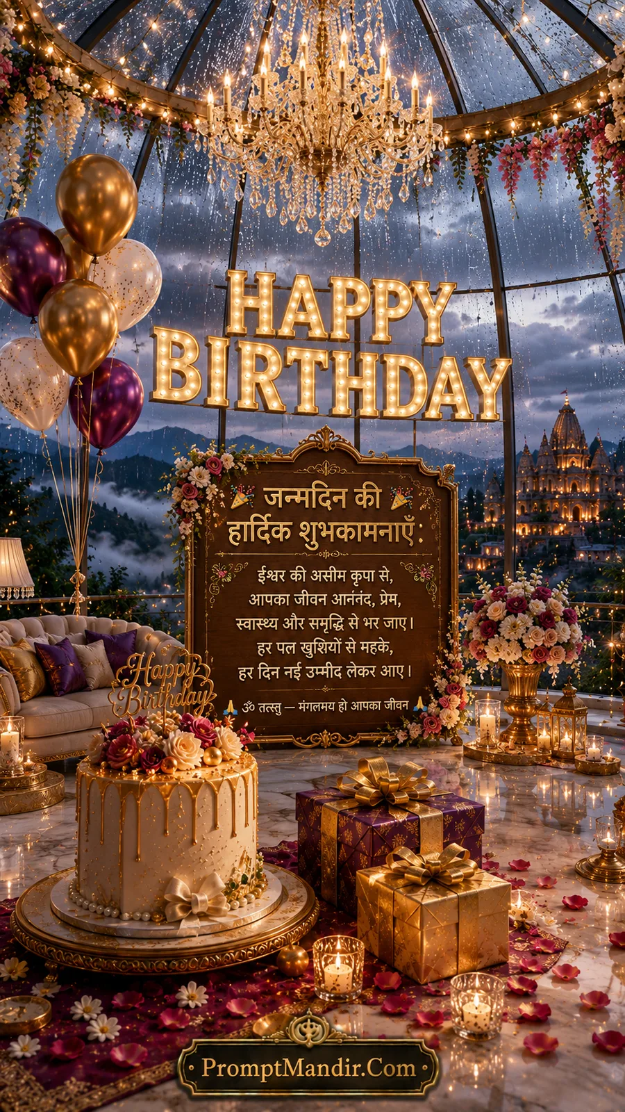 Chocolate birthday cake beneath sacred banyan tree with diyas, flowers, gifts, and blessing stone plaque