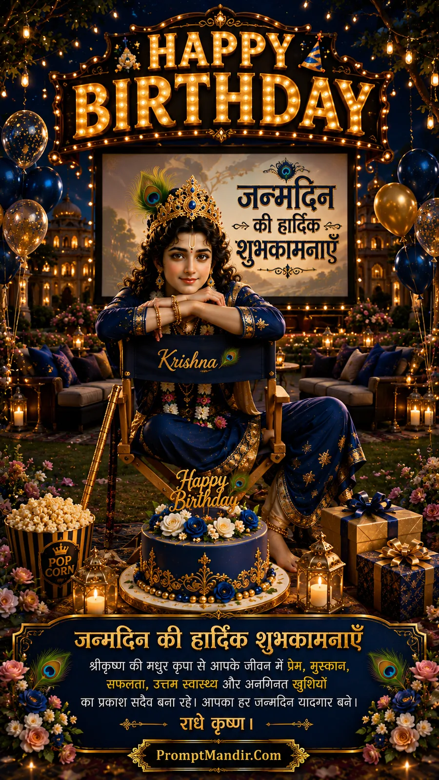 Lord Krishna enjoying outdoor birthday movie night with floral cake and festive decorations