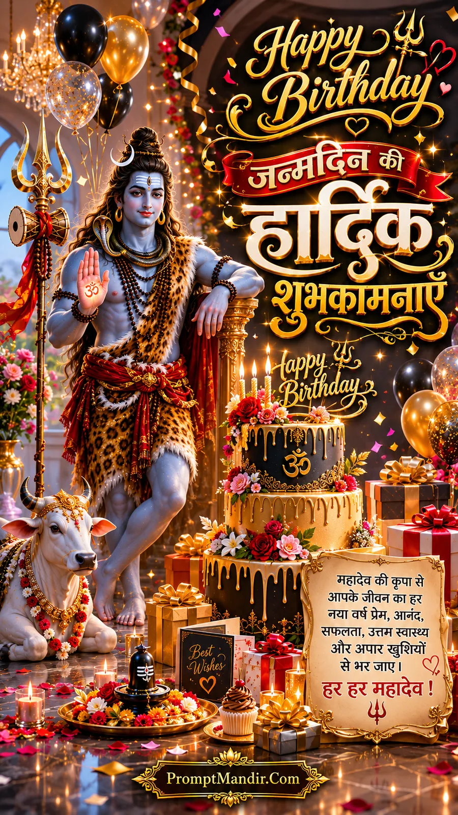 Standing Lord Shiva with Nandi beside grand birthday cake and festive celebration decorations