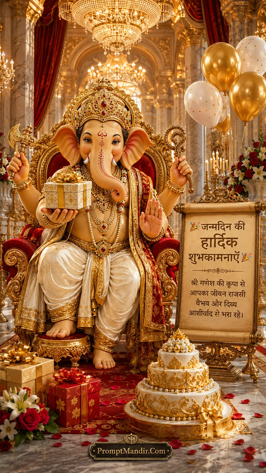 Royal Lord Ganesha seated on golden throne with birthday gifts and decorative celebration cake