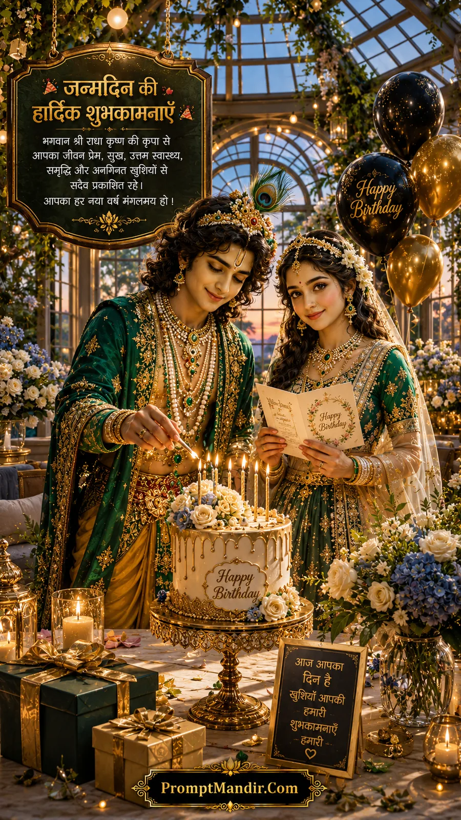 Radha Krishna lighting birthday candles inside elegant floral greenhouse with festive decorations