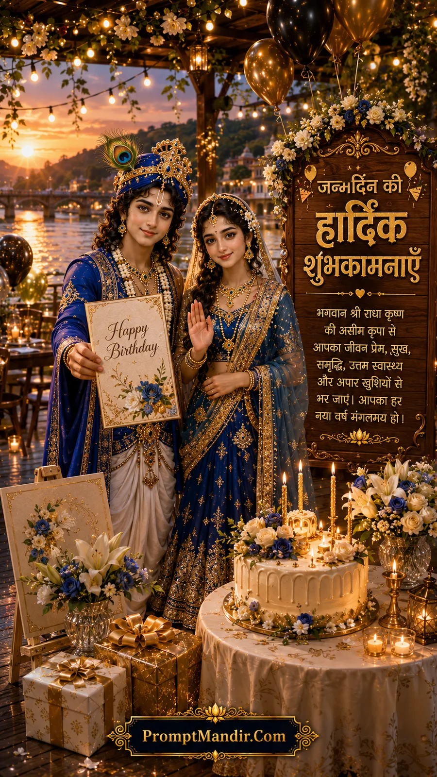 Radha Krishna holding birthday greeting beside riverside celebration with floral cake and balloons