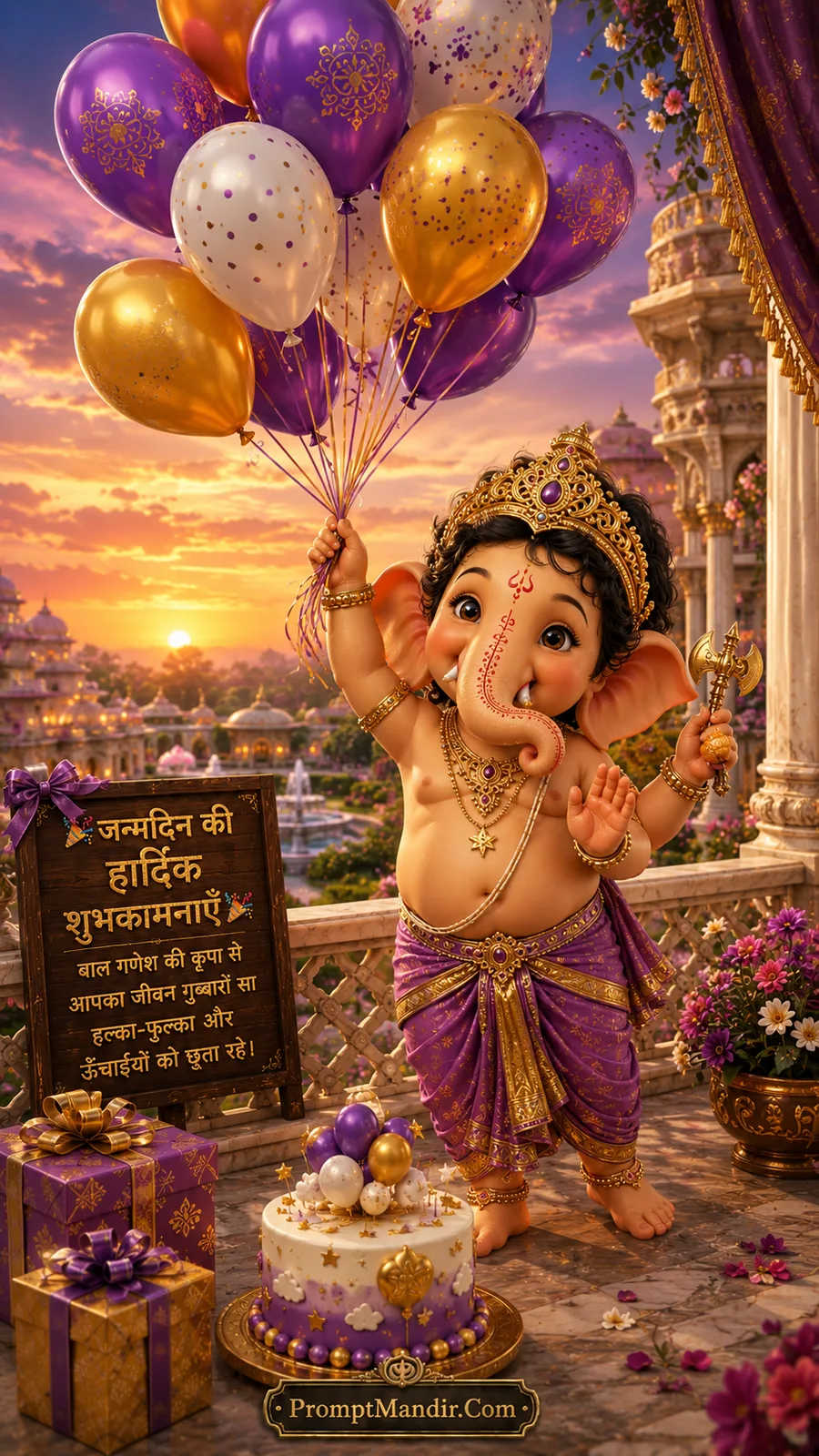 Cheerful Bal Ganesha holding festive balloons on palace balcony during magical sunset birthday celebration