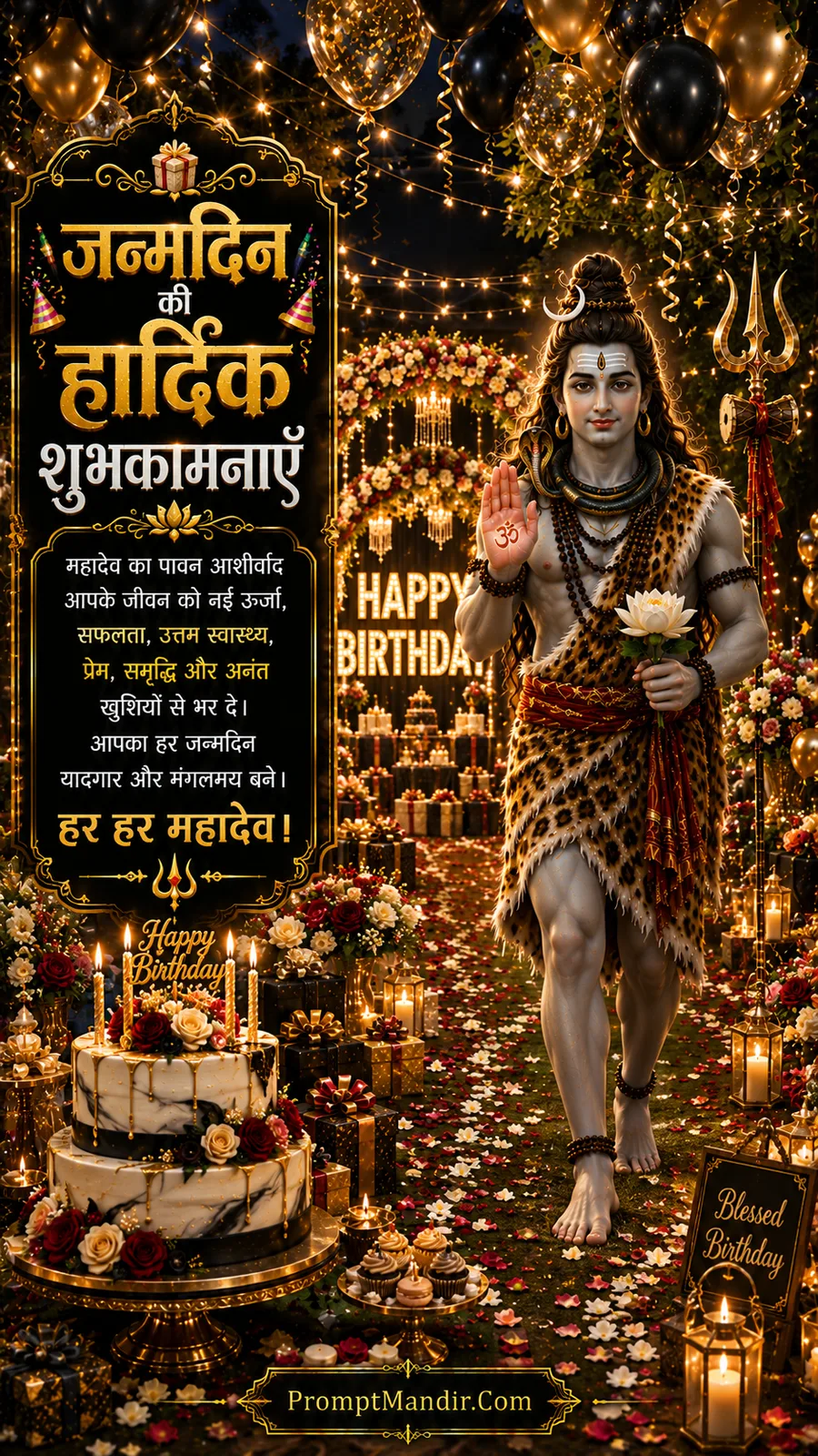 Lord Shiva walking through floral birthday pathway holding lotus amid glowing festive decorations