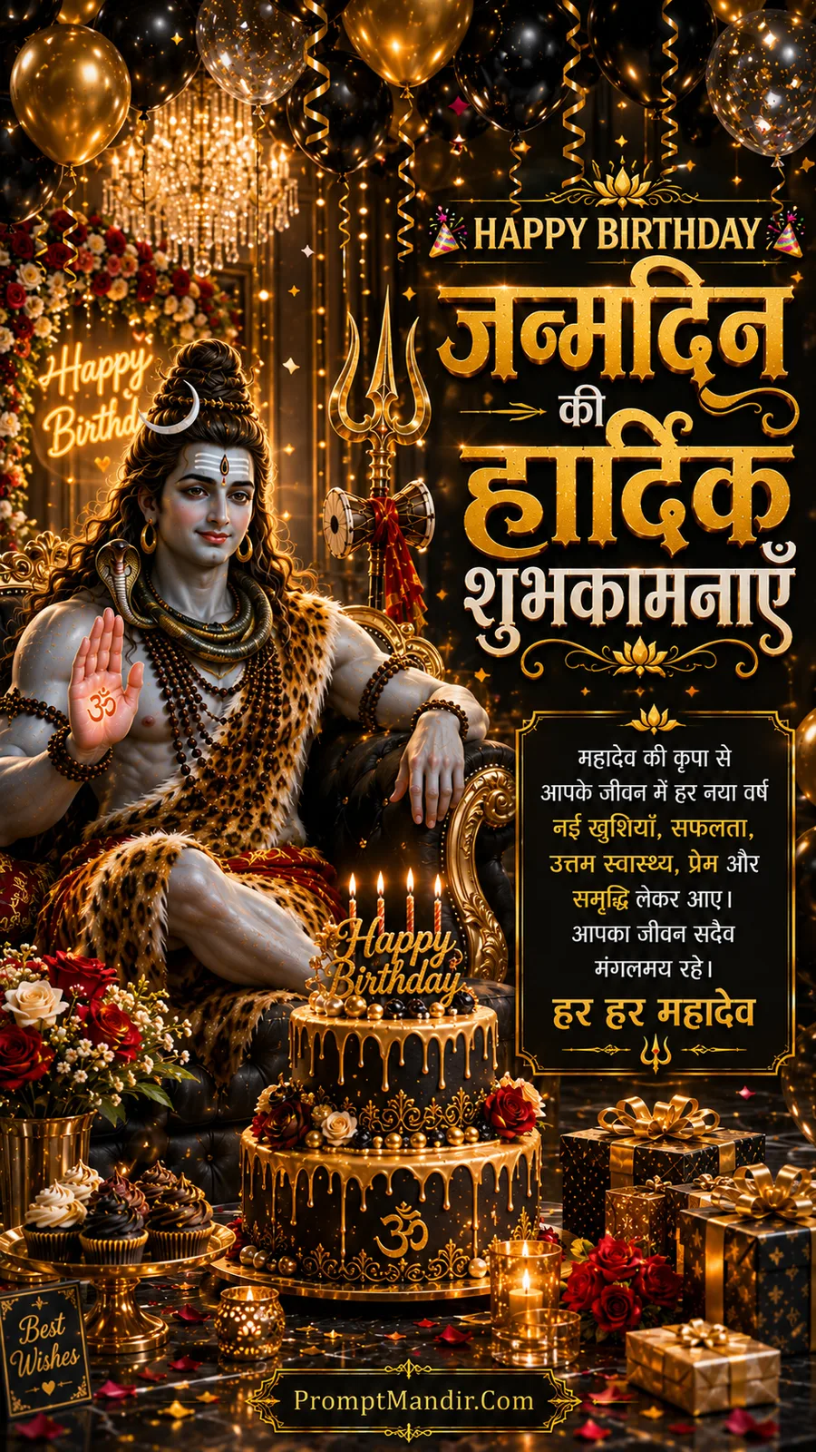 Lord Shiva seated on royal chair beside elegant birthday cake and luxury decorations