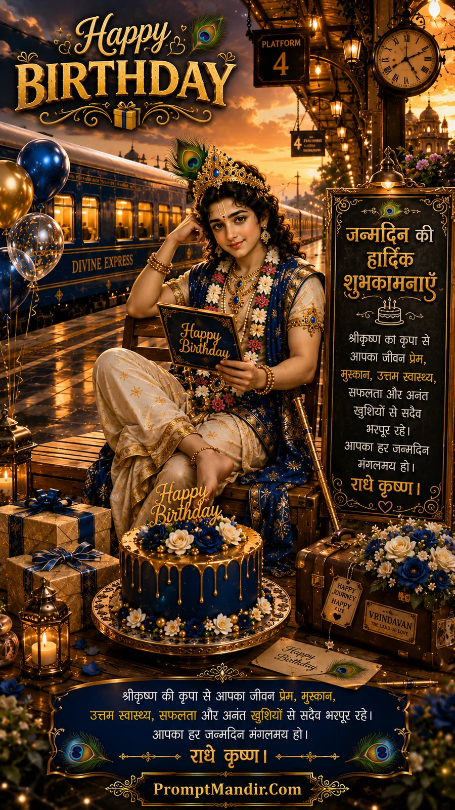 Lord Krishna seated at railway platform with birthday card cake and travel luggage