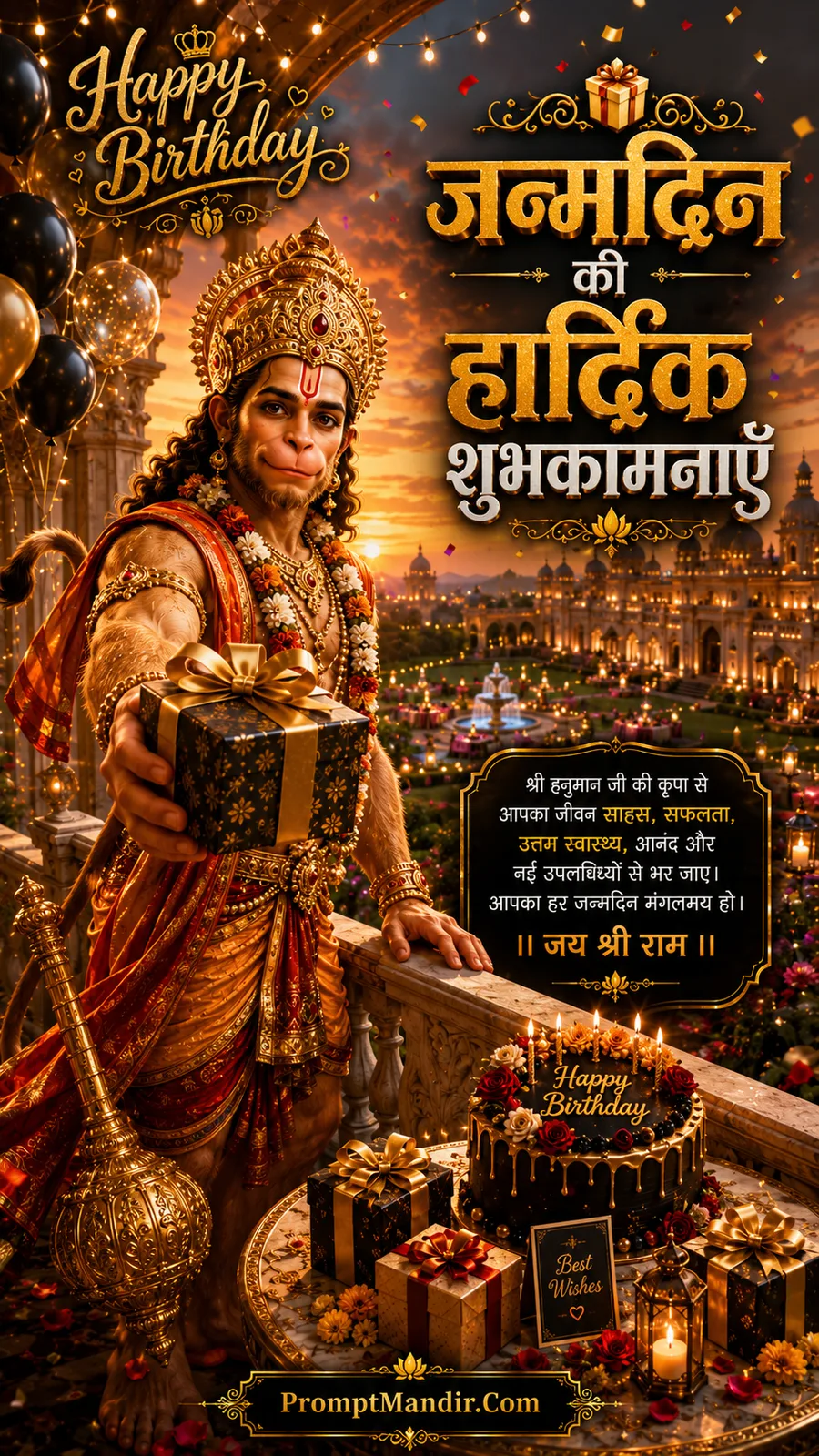 Lord Hanuman offering birthday gift while overlooking majestic palace during golden sunset celebration