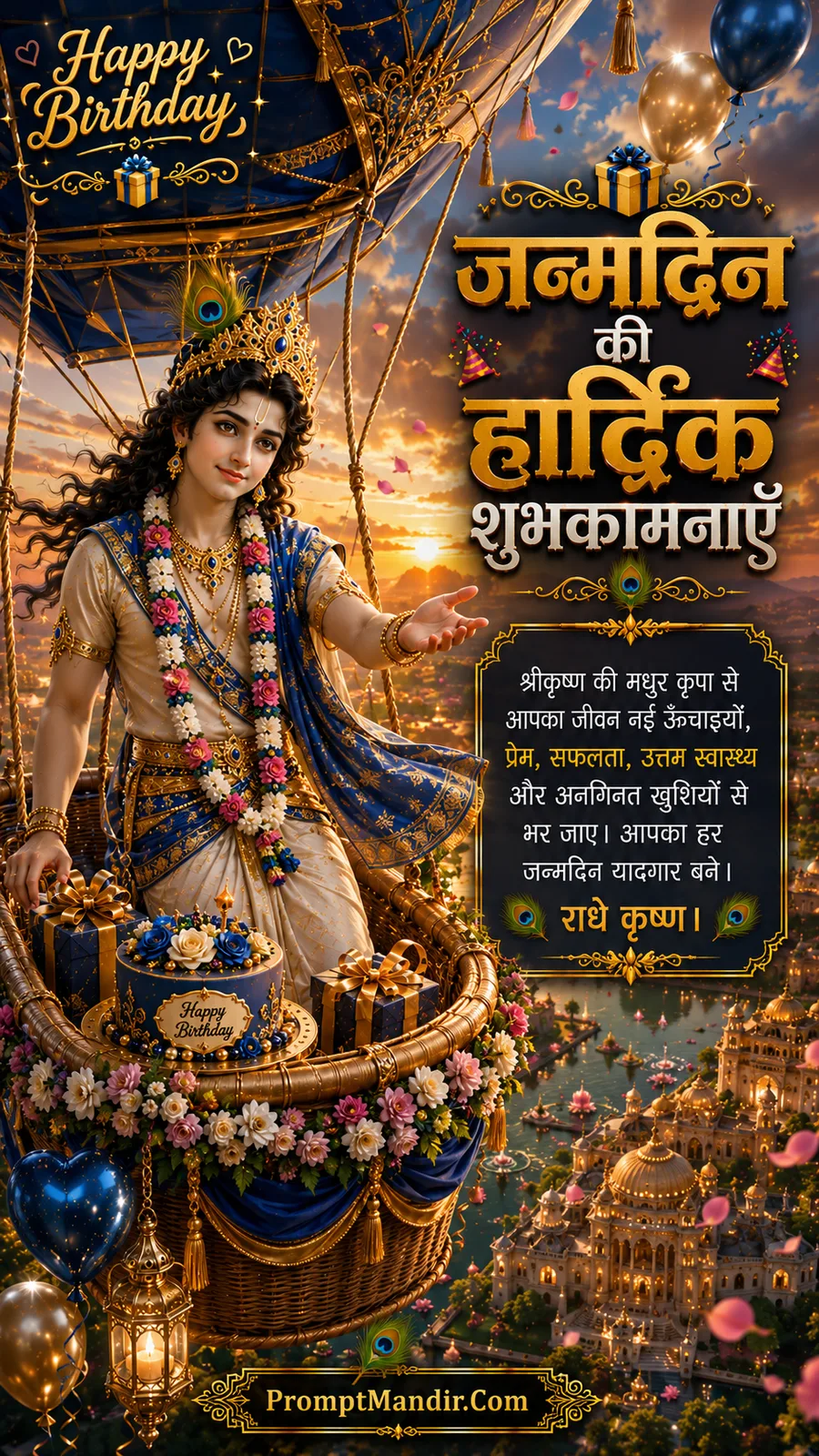 Lord Krishna inside colorful hot air balloon holding birthday blessings above majestic palace skyline