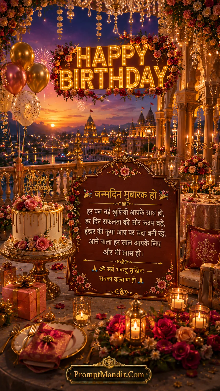 Luxury birthday setup inside glass pavilion with chandelier, floral cake, balloons, and mountain temple scenery