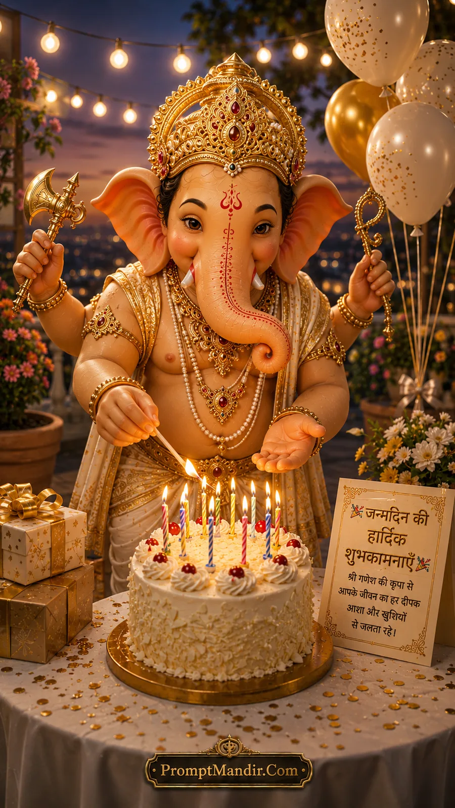 Lord Ganesha lighting birthday candles beside elegant celebration cake under glowing evening lights