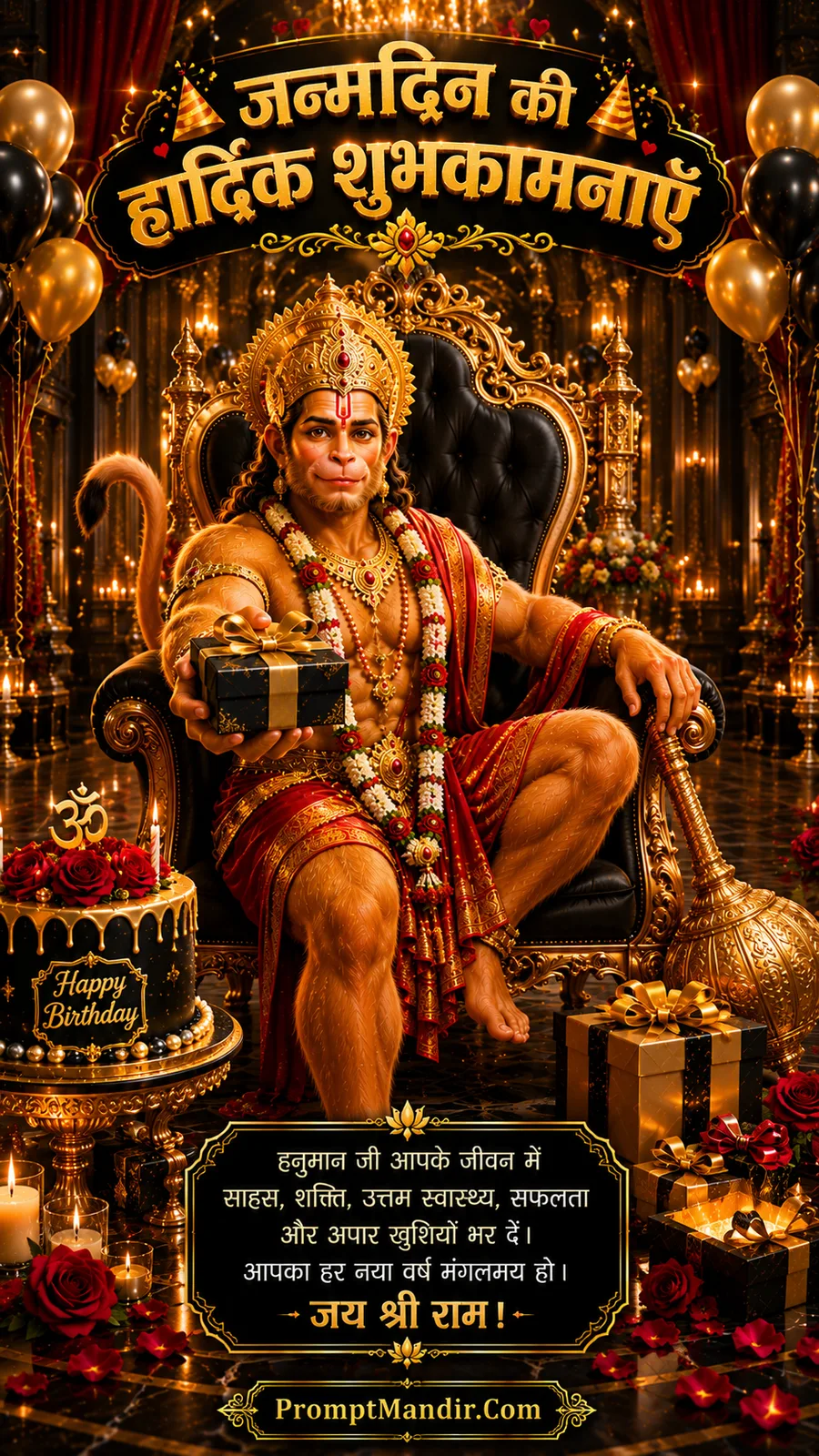 Lord Hanuman seated on royal throne holding birthday gift with elegant festive decorations