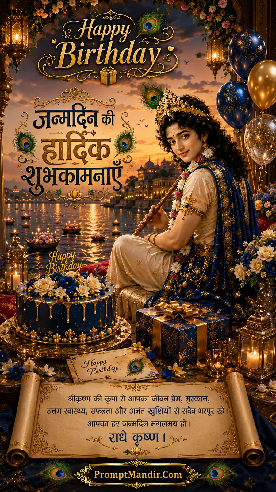 Lord Krishna beside riverside birthday cake holding flute during glowing sunset celebration