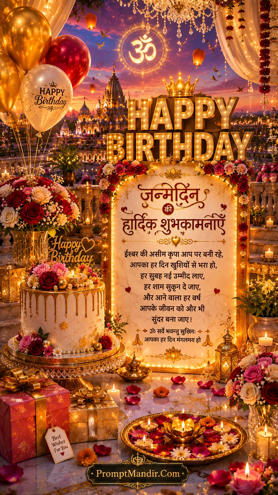 Luxury birthday dinner terrace with glowing birthday sign, elegant cake, flowers, lanterns, and fireworks skyline