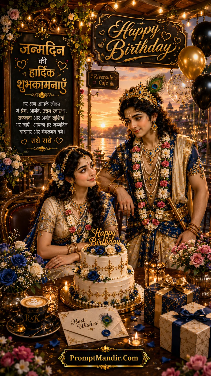 Radha Krishna admiring elegant birthday cake inside romantic riverside café decorated with flowers